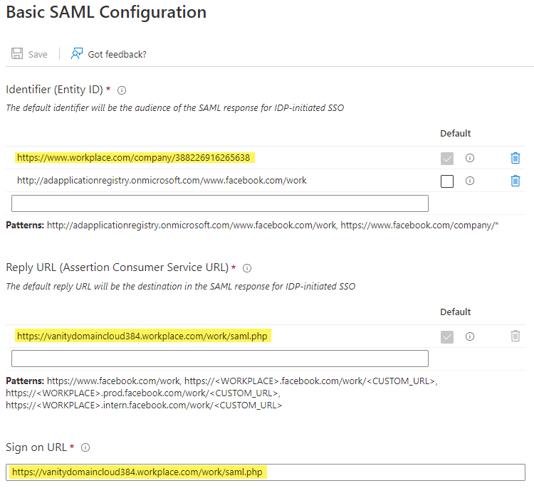 AAD SAML configuration